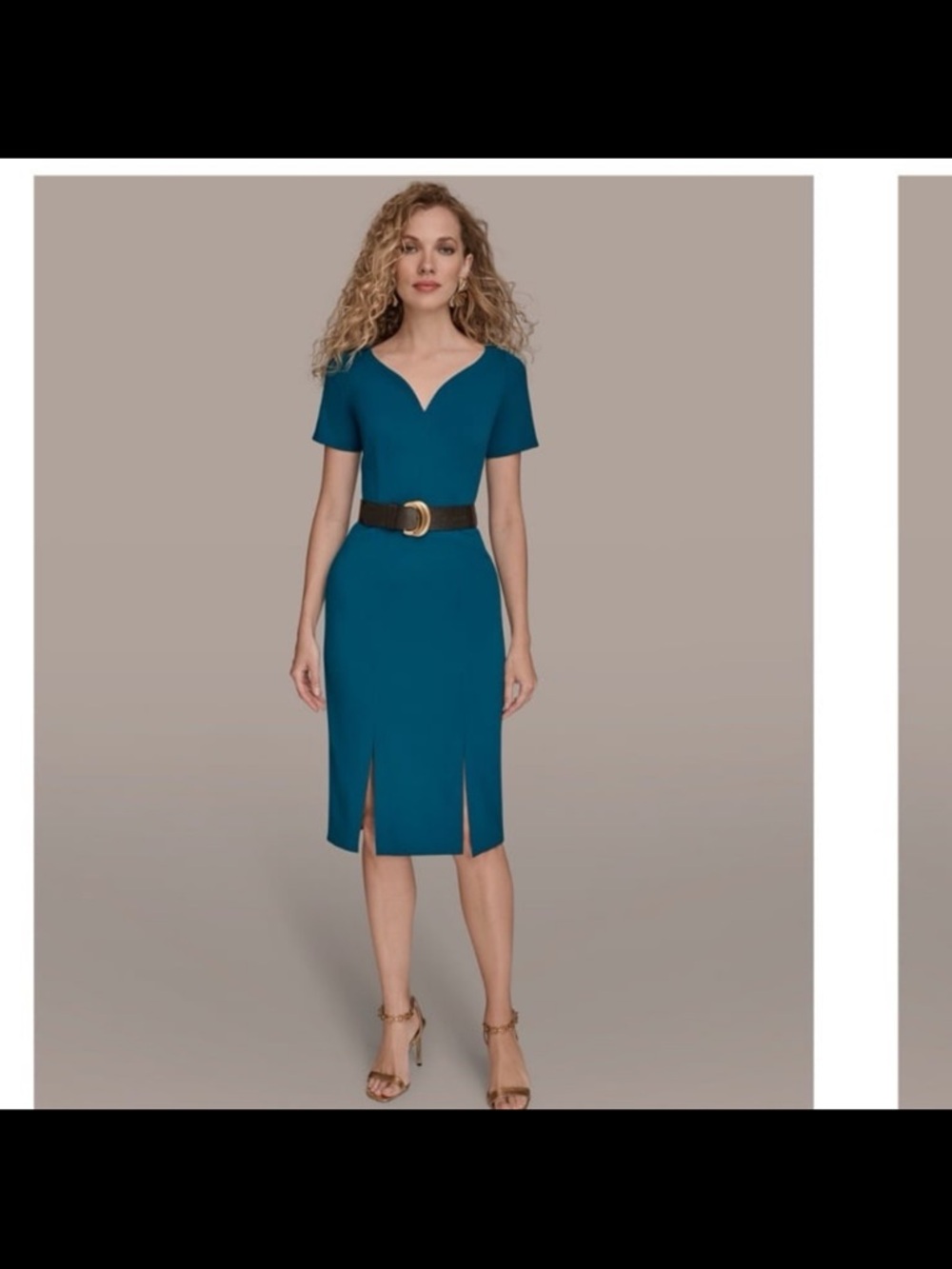 Donna Karan Teal V-Neck Midi Sheath Dress with Front Slits